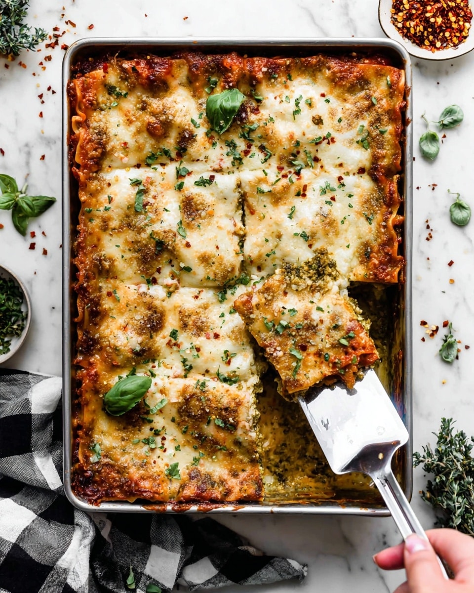 A metal baking pan filled with a baked lasagna showing a top layer of melted, golden-brown cheese sprinkled with small green herbs and red pepper flakes, garnished with whole green basil leaves scattered on top; the edges have a browned, crispy crust. One square piece is lifted by a silver spatula held by a woman's hand, revealing multiple juicy layers underneath, including a green pesto-like sauce and a red tomato sauce visible at the sides. The pan rests on a white marbled surface with a black and white checkered cloth near the bottom right corner, small green herb pieces are spread around the pan along with a small dish of red pepper flakes at the top right. photo taken with an iphone --ar 4:5 --v 7