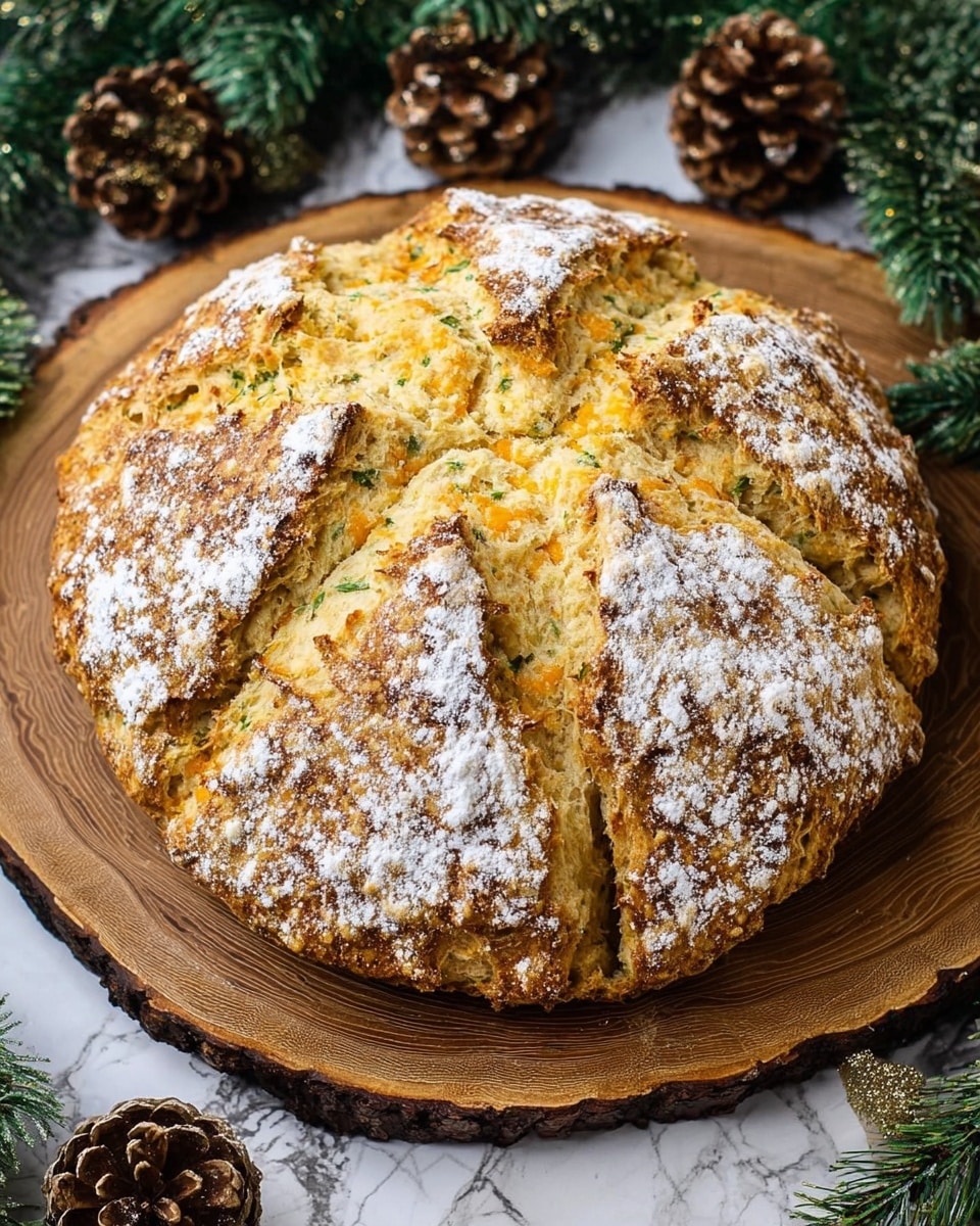 A round, thick loaf of bread with a rough, golden-brown crust dusted with white flour sits on a wooden round slice. The bread is divided into six large segments by deep cuts, revealing a soft, yellowish interior with bits of green herbs and orange cheese scattered throughout. The outer crust looks crunchy and rustic with a slightly uneven texture. Around the bread, there are pinecones and green pine branches placed on a wooden surface, which is replaced by a white marbled texture in the background. Photo taken with an iphone --ar 4:5 --v 7