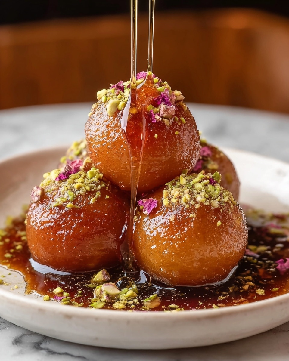 The image shows a plate of six round fried dough balls, each topped with finely chopped green pistachios and small bits of pink nuts, like rose petals, and dusted with white powdered sugar. One dough ball is bitten open, revealing a creamy white filling inside that is thick and smooth. The dough is golden brown and shiny with a sticky syrup glaze pooling beneath the balls on the white plate. The texture of the dough looks soft and airy. The background surface is a white marbled texture, giving a clean and bright appearance. photo taken with an iphone --ar 4:5 --v 7