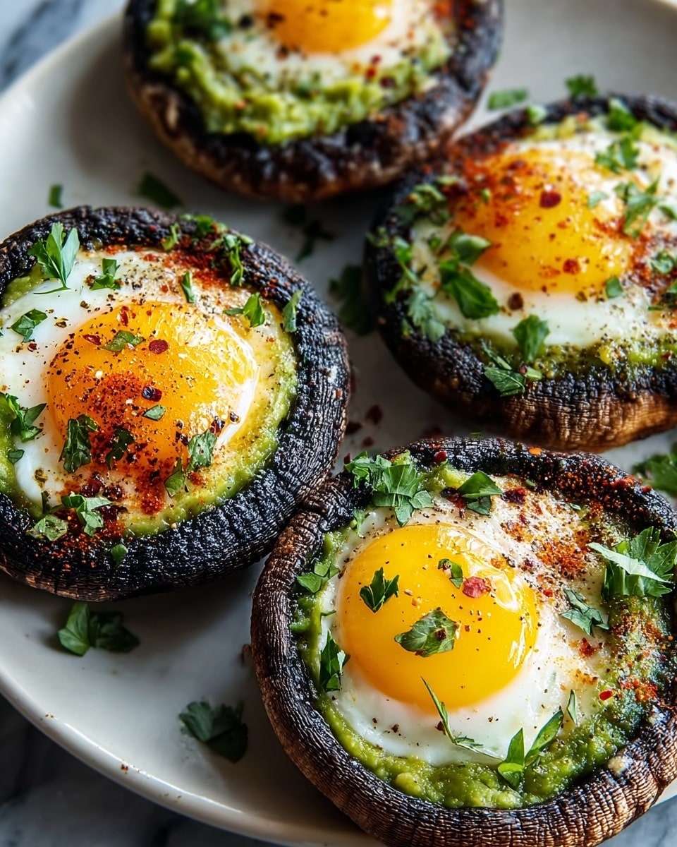 The image shows two large, flat portobello mushroom caps placed on a white marbled surface. Each mushroom cap is filled with a thick layer of creamy green guacamole at the base, topped by a sunny-side-up egg with a bright orange yolk in the center. The eggs have slightly crispy white edges, sprinkled with finely chopped green herbs and a dash of black pepper. The texture of the mushrooms is dark brown and slightly wrinkled, contrasting with the smooth and vibrant layers above. The background is softly blurred with hints of outdoor light, and a woman's hand is gently touching the edge of the closest mushroom cap. photo taken with an iphone --ar 4:5 --v 7