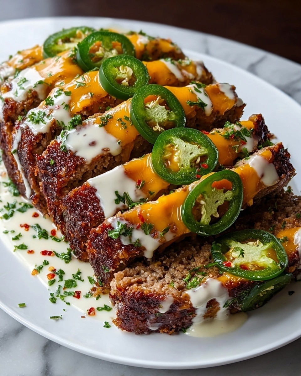 This dish shows a thick rectangular layered loaf sitting on a white plate, covered in creamy beige sauce that drips down the sides. The top is decorated with sliced green jalapeños, small pieces of bright orange chunks, and chopped green herbs scattered over the loaf. The loaf’s outer layer is dark brown and slightly crispy, with a crumbly texture on top. The white plate rests on a white marbled surface with some sauce spreading around the base. photo taken with an iphone --ar 4:5 --v 7