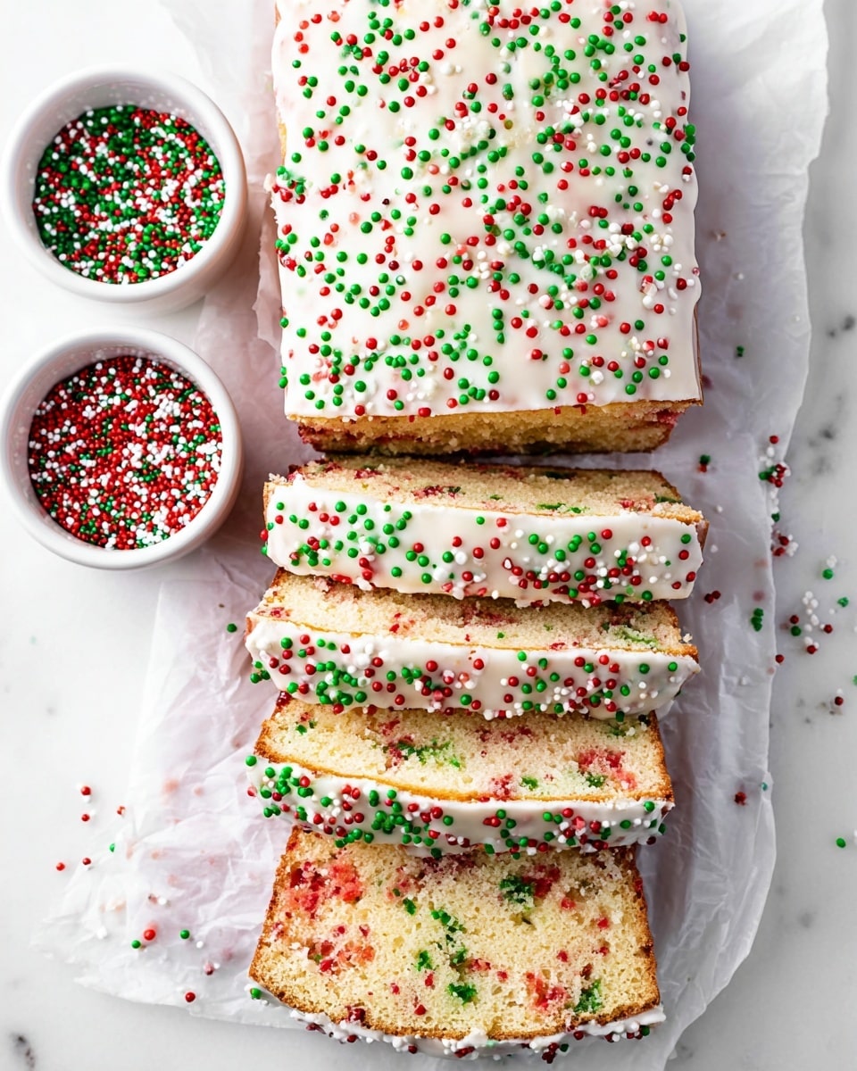 A festive loaf cake is sliced into eight pieces and placed on white parchment over a white marbled surface, showing a soft crumb with colorful red and green specks inside. The top layer is coated with smooth white icing, scattered with small red, green, and white round sprinkles that add texture and color. Beside the cake, two small white bowls hold more red, white, and green sprinkles, enhancing the holiday theme. The cake slices are stacked slightly, revealing the moist and slightly crumbly texture inside, with the festive colors evenly distributed throughout. Photo taken with an iphone --ar 4:5 --v 7