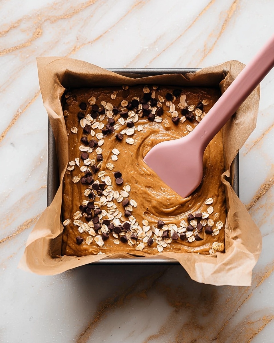 A square baking pan lined with parchment paper holds a thick layer of smooth, light brown batter, sprinkled with dark brown chocolate chips and light beige rolled oats evenly on top. A pink silicone spatula presses gently into the batter near the center, creating a slight swirl texture. The pan sits on a white marbled surface with veins of light tan and gold running through it. photo taken with an iphone --ar 4:5 --v 7