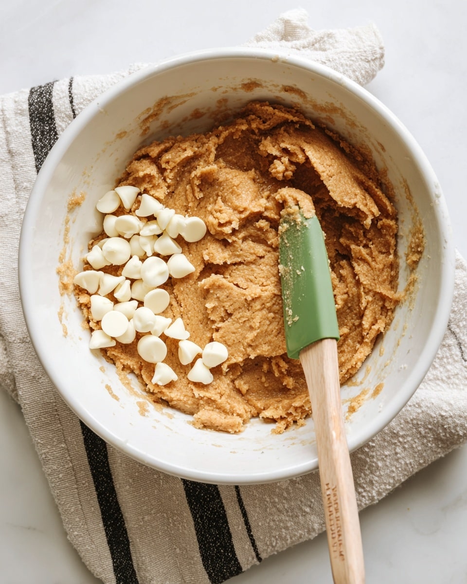 Eight round cookie dough balls are placed on a sheet of crinkled brown parchment paper. Each ball is medium brown with light beige chunks scattered inside, with a slightly shiny and smooth texture. The parchment paper has some fine brown powder sprinkled around the dough balls. The corners of a white cloth with brown stripes are visible on the top left and bottom left edges, all set on a white marbled surface. photo taken with an iphone --ar 4:5 --v 7