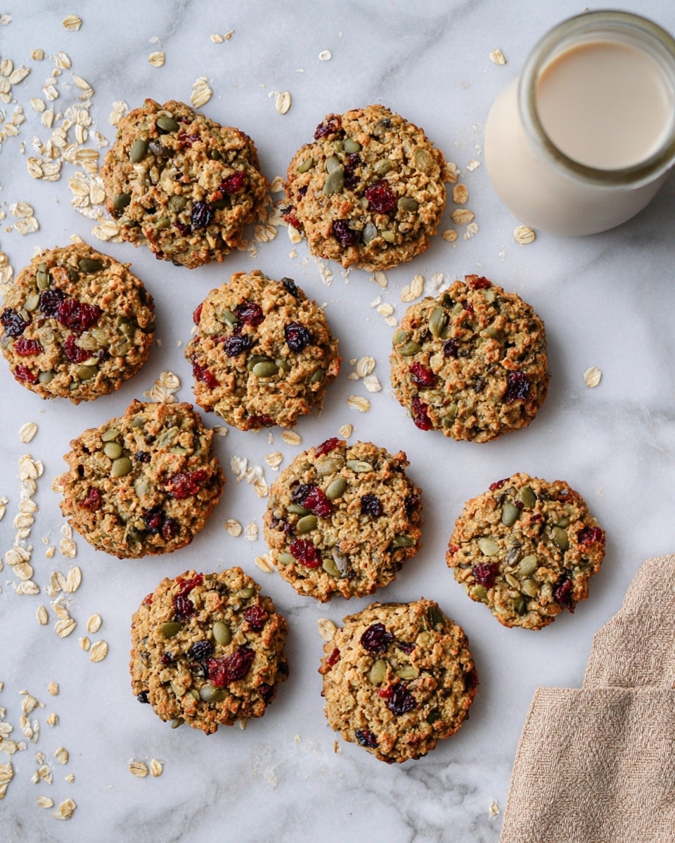 Nine round granola cookies with uneven edges are arranged in three rows on a white marbled surface. Each cookie shows visible layers of oats, pumpkin seeds, sunflower seeds, and dried cranberries, with a rough, crunchy texture and a golden-brown color. Some scattered oats lie around the cookies, and a white bottle filled with a light beige liquid sits partially in the top right corner. A piece of light brown textured fabric is placed near the bottle on the right side of the image. Photo taken with an iphone --ar 4:5 --v 7