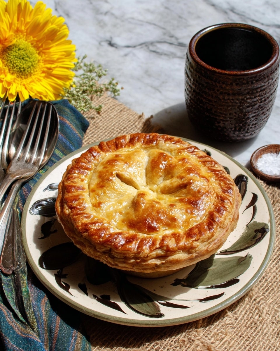 A golden-brown pie with a flaky, shiny top crust that has light folds and visible layers, sitting in a round shape with slightly raised edges. It rests on a white plate with dark brown and green swirl patterns, placed on a burlap cloth. Around the plate, there is a bright yellow flower and a dark brown textured cup with some salt visible inside. To the right, there are silver forks and spoons wrapped in a small dark cloth with green and blue stripes. The surface beneath is a white marbled texture. Photo taken with an iphone --ar 4:5 --v 7