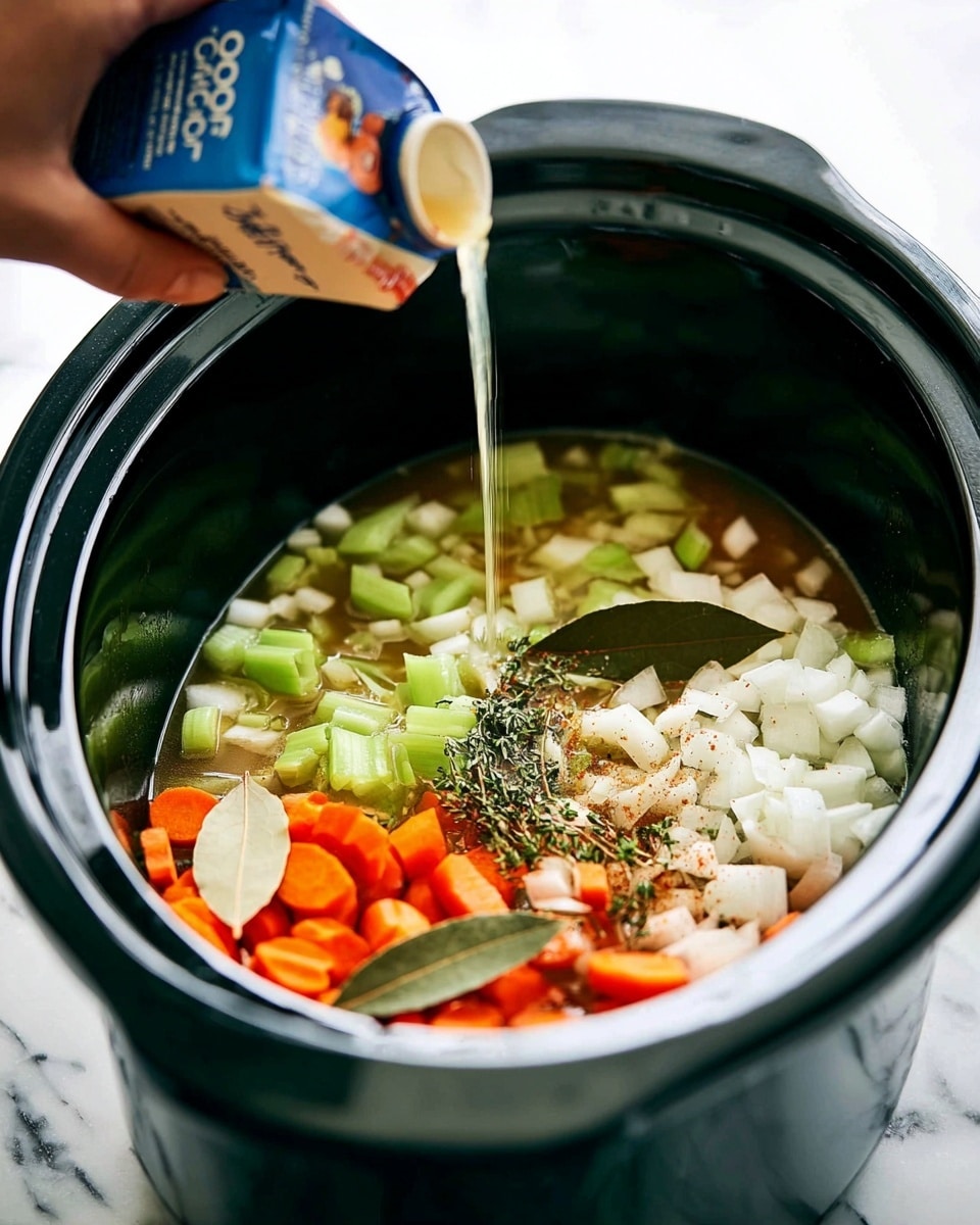 A close-up shows a black slow cooker filled with chopped vegetables and herbs ready to cook. The bottom layer contains white diced onions, above them are bright orange carrot slices, scattered with green celery pieces and leafy herbs. Two bay leaves rest on top, and ground spices are sprinkled over the vegetables. A woman's hand is pouring clear chicken broth from a blue and white carton into the slow cooker, a light stream flowing down over the colorful ingredients. The scene is set on a white marbled surface. photo taken with an iphone --ar 4:5 --v 7