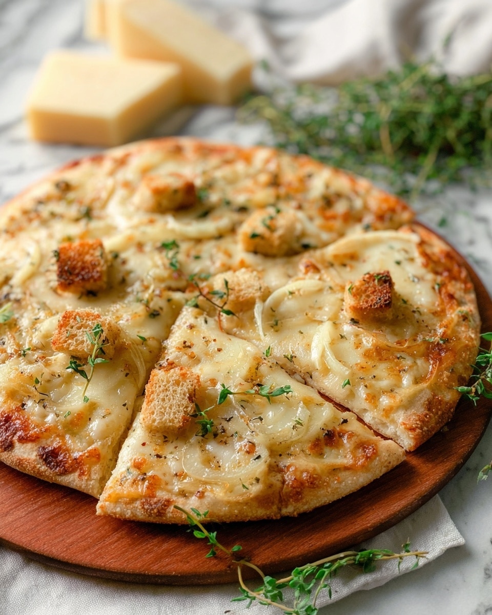 A close-up of a round pizza on a wooden board, placed on a white marbled texture with some green herbs around. The pizza has a golden-brown crust with melted white cheese spread evenly on top. Thin slices of translucent white onions cover most of the cheese layer. Small, square, crispy golden croutons are scattered around the pizza, with fresh green herb leaves sprinkled lightly on top. In the background, there is a wedge of cheese with a slightly rough rind. photo taken with an iphone --ar 4:5 --v 7