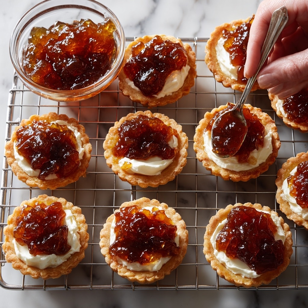 The image shows five small tartlets arranged closely on a white plate set on a white marbled surface. Each tartlet has three visible layers: the base layer is a crispy, golden-brown flaky shell with delicate, crinkled edges; the middle layer is a smooth, creamy white filling that looks soft and fluffy; the top layer is a glossy, dark amber-colored jam or jelly piled generously, catching light to appear shiny and sticky. Each tartlet is garnished with a tiny green herb leaf on top, adding a fresh color contrast. A few sprigs of green herbs are scattered around the plate edges as decoration. The photo was taken with an iphone --ar 4:5 --v 7