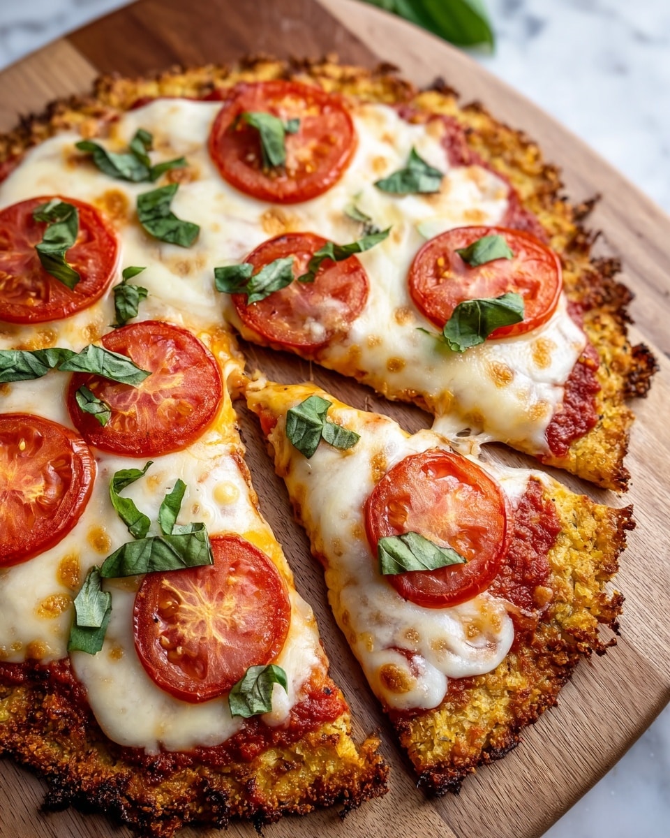 A crispy, golden-brown cauliflower crust pizza sliced into six pieces sits on a wooden board over a white marbled surface. The pizza is topped with a red tomato sauce layer, followed by a thick layer of melted, bubbly white mozzarella cheese that has some golden spots from baking. On top, there are bright red slices of fresh tomato, each garnished with fresh green basil leaves evenly spread across the pizza. The crust is crunchy and textured, with a slightly uneven edge. photo taken with an iphone --ar 4:5 --v 7