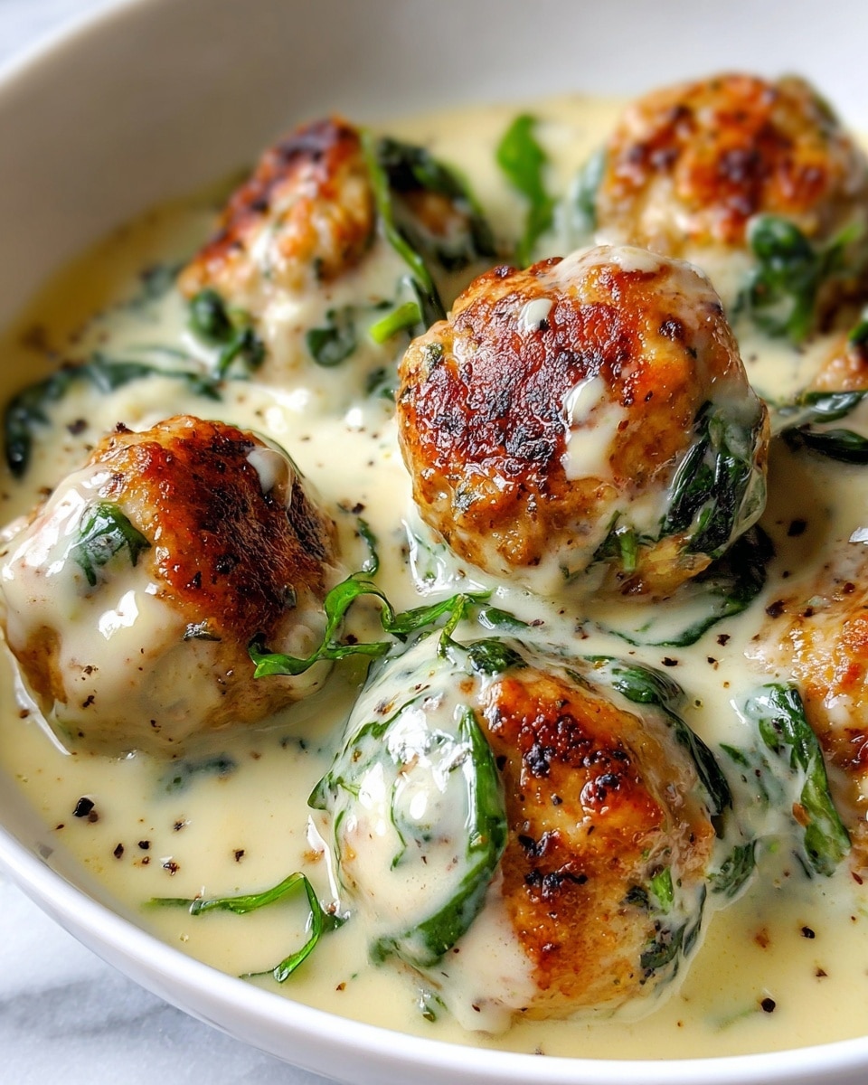 The image shows a close-up of several golden-brown meatballs covered in a creamy white sauce with green spinach leaves mixed in. Each meatball has a slightly crispy outer layer with browned spots, and the sauce is smooth and thick, pooling around the base, with flecks of black pepper visible. The dish is served in a white bowl, placed on a white marbled surface. Photo taken with an iphone --ar 4:5 --v 7