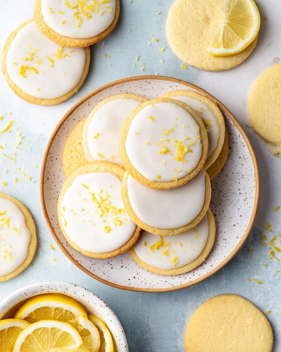 A stack of four round shortbread cookies sits on a black cooling rack over a white marbled surface. The top cookie is coated with smooth white icing, lightly decorated with small flecks of bright yellow zest, and has a bite taken out of it, revealing the crumbly texture inside. The three cookies underneath are plain, showing a pale golden color with a slightly grainy surface and a scalloped edge. More yellow zest is scattered around the rack, adding a splash of color to the composition. Photo taken with an iphone --ar 4:5 --v 7