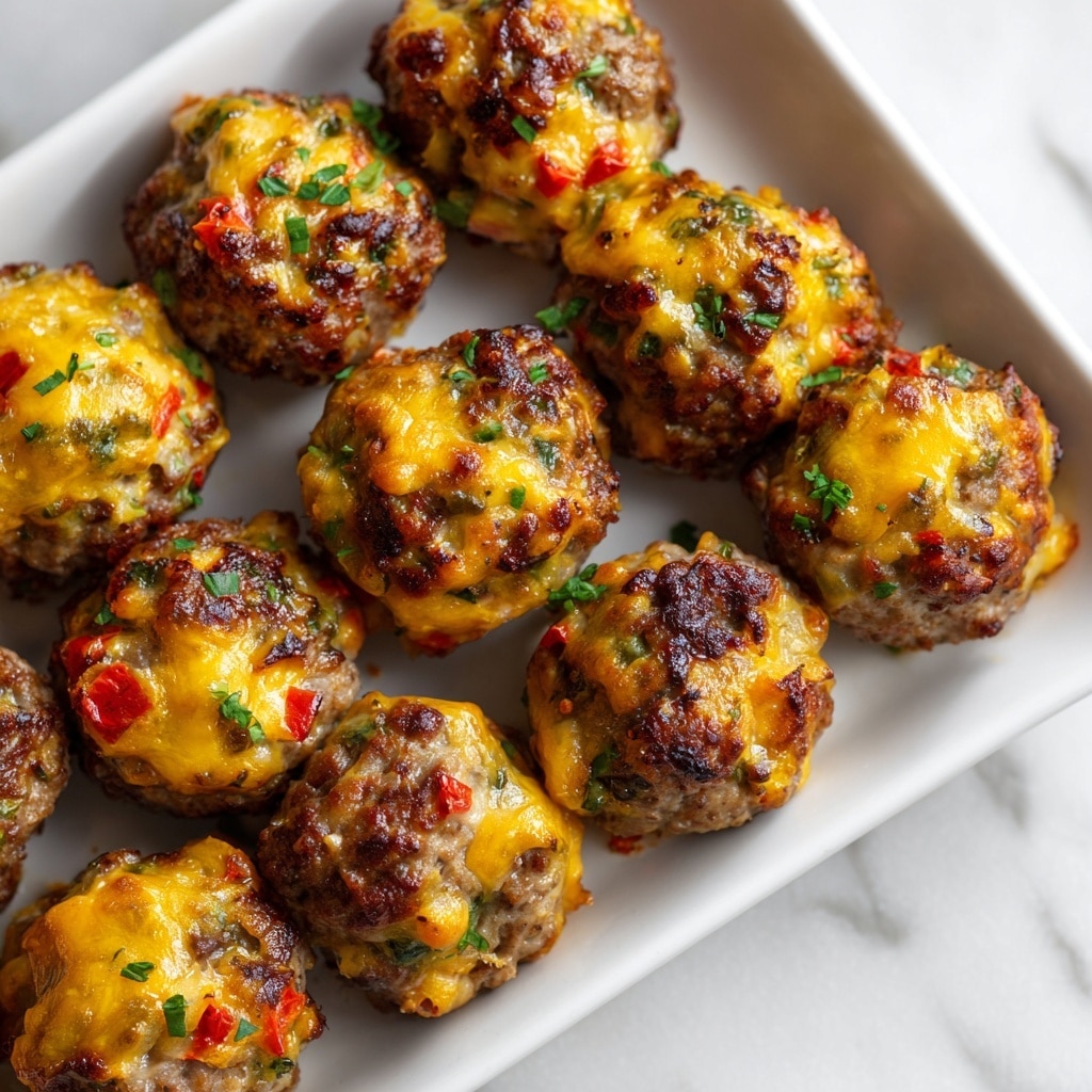 A close-up view of a pile of meatballs stacked in a white bowl, each meatball covered in melted cheese and small patches of red sauce, creating a glossy texture with golden-brown spots. The meatballs are round and garnished with finely chopped green herbs scattered on top, adding a fresh color contrast. The background is softly blurred with warm yellow lights, and the whole scene is set against a white marbled texture. Photo taken with an iphone --ar 4:5 --v 7