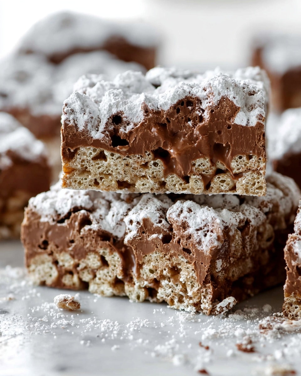The image shows a close-up of a chocolate crispy rice treat bar with three visible layers. The bottom layer is a light beige crispy rice cereal that looks crunchy. The middle layer is a thick, smooth, milk chocolate that fills the spaces between the cereal bits. The top layer is dusted with a thick coating of white powdered sugar that spreads unevenly and gives a snowy look. The bar looks soft yet crispy, with rough edges and some cracking in the chocolate. The background is a white marbled texture with more blurry pieces of the same treat scattered around. Photo taken with an iphone --ar 4:5 --v 7
