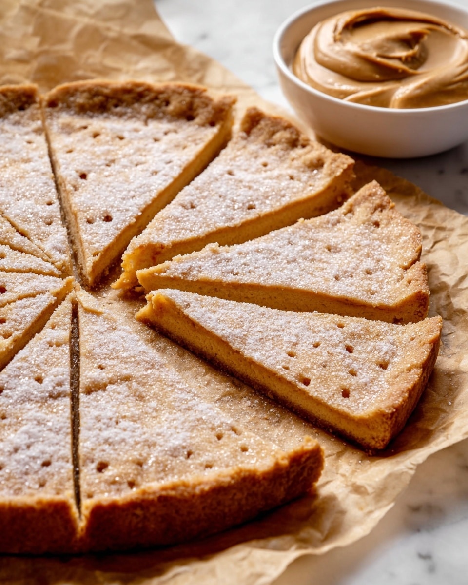 The image shows a close-up of several triangular slices of a light brown baked treat with a sugar-dusted top and a slightly crumbly texture. The slices are arranged in a circle on a light brown parchment paper, revealing a soft, slightly golden crust on the edges. In the lower left corner, there is a round open container filled with smooth, creamy peanut butter in a rich caramel color, with a spoon resting inside. The background is a white marbled texture. photo taken with an iphone --ar 4:5 --v 7