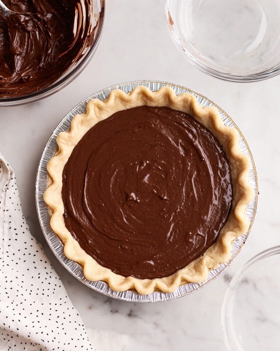A round pie with a light beige crust fluted neatly along the edges sits in a silver pie tin on a white marbled surface. The pie filling is a smooth, glossy dark brown chocolate layer spread evenly to the crust edges, showing fine swirl marks on the surface. Part of a large clear bowl with chocolate mixture smeared inside is visible in the top left corner, and a white cloth with a small black floral pattern lies partly in the bottom right corner of the image. The photo is taken from above, showing the pie and surrounding items clearly. photo taken with an iphone --ar 4:5 --v 7