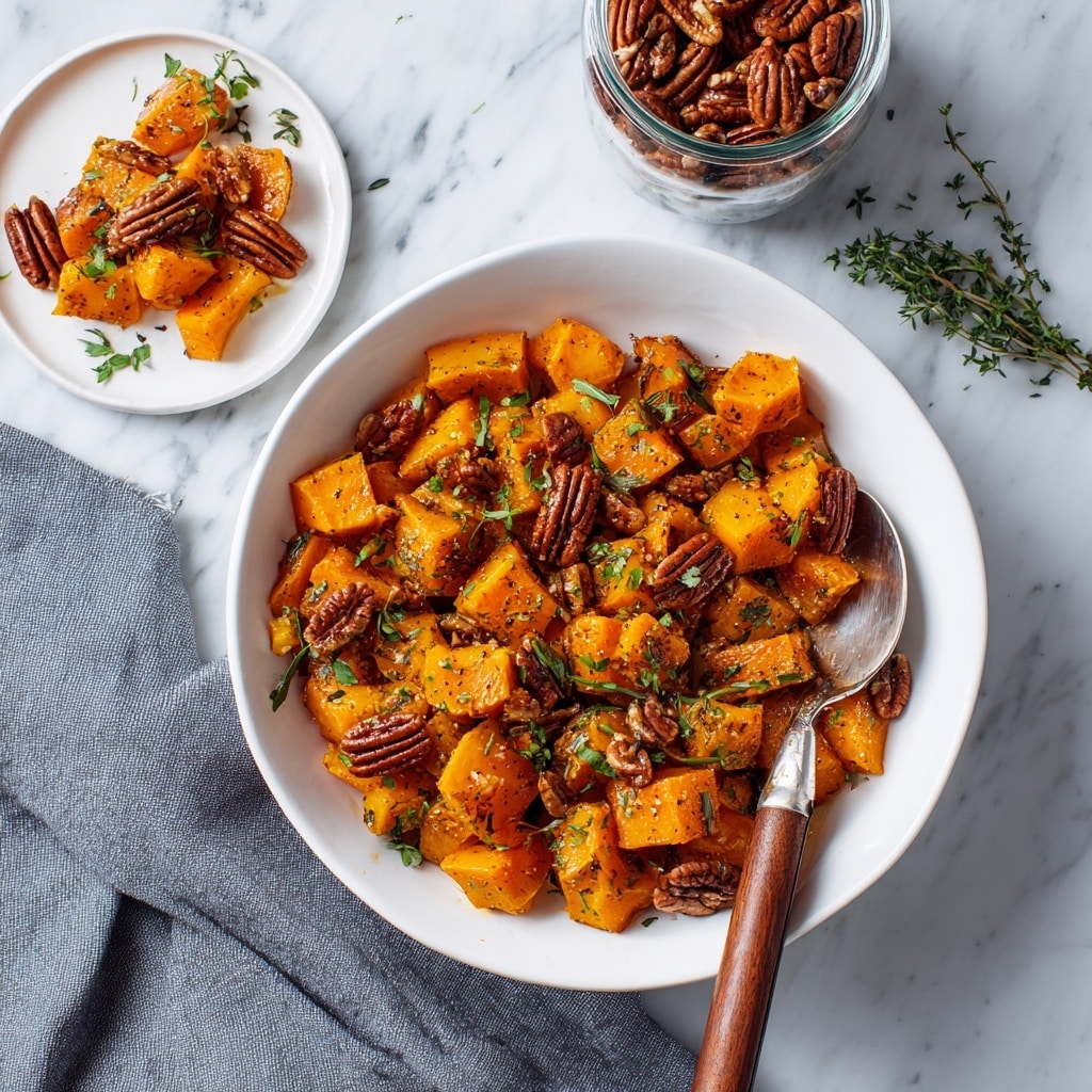 A white bowl filled with golden-brown roasted diced potatoes, each piece showing a crispy texture with a slight char on the edges, sprinkled with small green herb bits. A silver spoon is lifting a scoop of the potatoes from the bowl. The scene has a white marbled texture surface with a beige cloth under the bowl and blurred green leaves in the background. Photo taken with an iphone --ar 4:5 --v 7