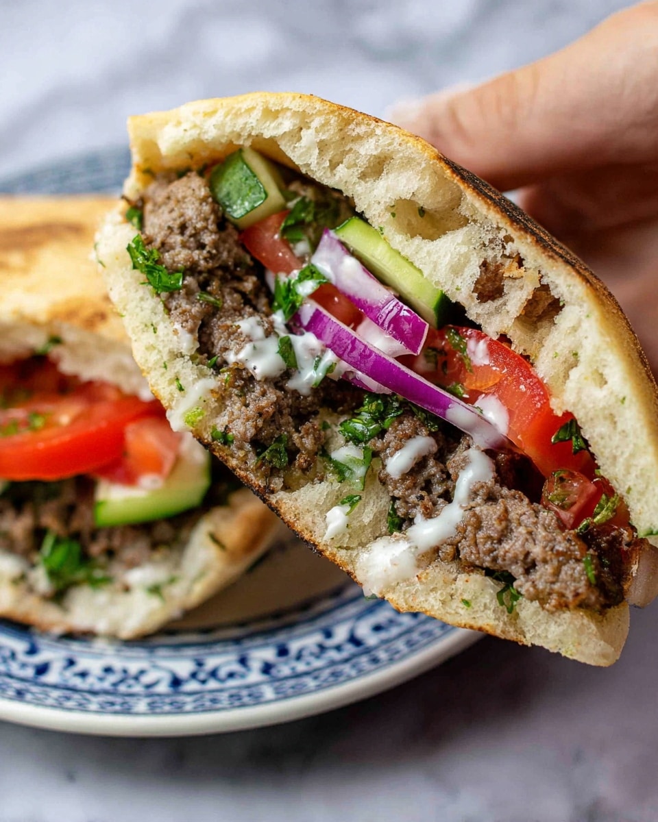 Three pita pockets are placed on a white plate with blue floral patterns, set on a white marbled surface. Each pita pocket is golden-brown and soft on the outside, cut open to show the fillings inside. The first layer is thin slices of red tomato and green cucumber, below that are slices of purple onion rings. Next, there is a generous layer of cooked ground meat with small green herb bits. A creamy white sauce with green and red specks drips slightly from the pockets. The texture of the pita looks fluffy but toasted on the surface, making the filling layers clear and colorful. Photo taken with an iphone --ar 4:5 --v 7