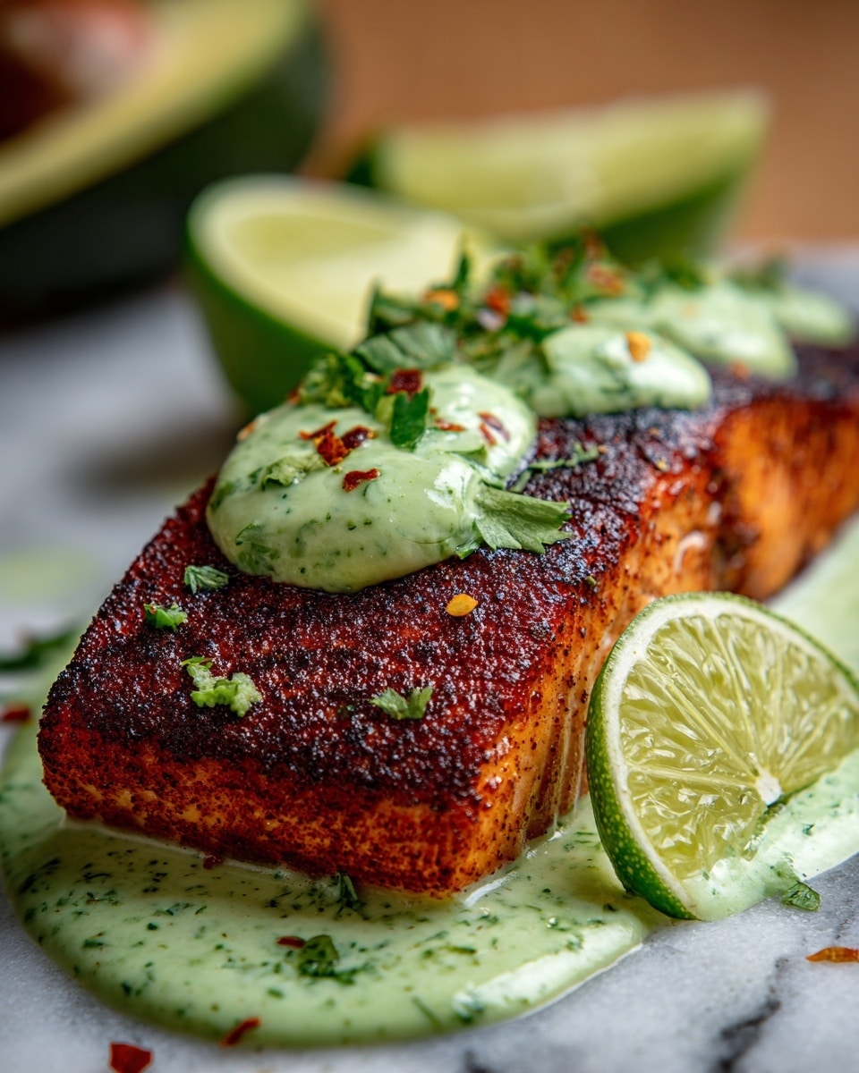 A blue bowl is filled with a base layer of white rice mixed with small green herbs, giving a fresh look. On top, there are four pieces of grilled salmon with a charred, reddish-brown color and visible grill marks. A thick, creamy green sauce is spread unevenly over the salmon, garnished with small bits of green herbs. A slice of lime is tucked behind the salmon, adding a pop of green color. The bowl rests on a wooden surface with a bit of an orange cloth visible in the background. photo taken with an iphone --ar 4:5 --v 7