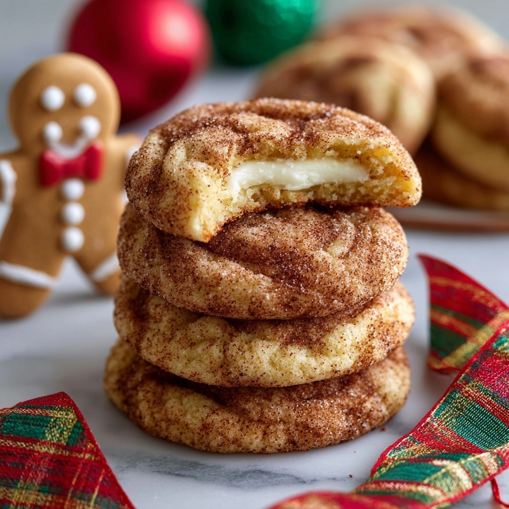 A close-up of a stack of four soft, round ginger cookies with a rough, textured light brown surface coated in sugar crystals. The top cookie has a bite taken out, revealing a creamy white filling inside. Around the stack are more ginger cookies with similar sugar coating, and a white marbled surface underneath with a red, green, yellow, and gold plaid ribbon partly wrapped around the bottom of the stack. In the blurred background, there is a gingerbread man and more cookies. Photo taken with an iphone --ar 4:5 --v 7
