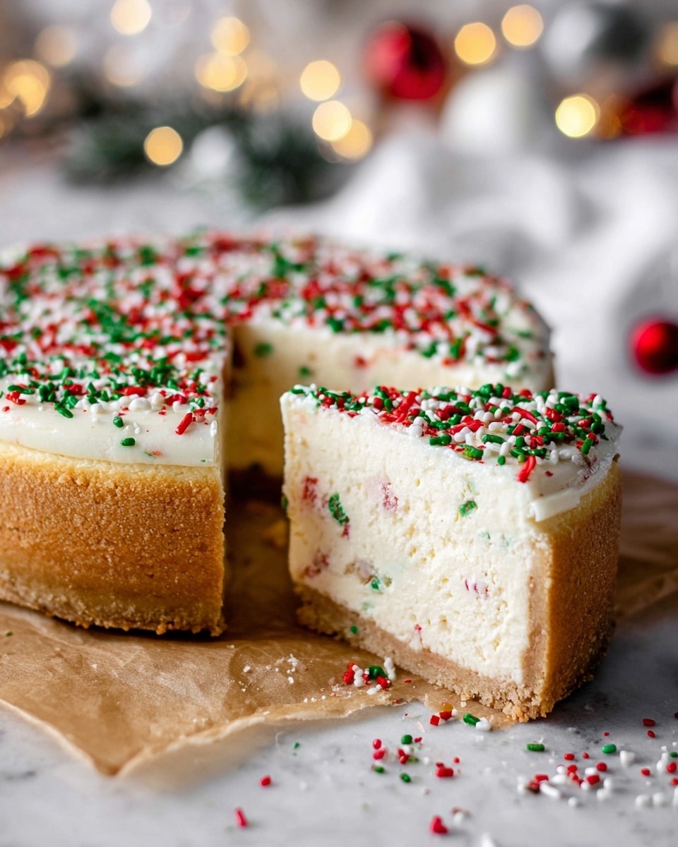 The image shows a thick cheesecake with three layers: a light brown crust at the base, a creamy white filling mixed with small red and green specks inside, and a smooth white top layer decorated with red, green, and white sprinkles. A slice is cut out, revealing the soft and dense texture inside and some sprinkles scattered on the parchment paper underneath. The background is a white marbled texture with soft holiday lights and decor blurred behind. Photo taken with an iphone --ar 4:5 --v 7