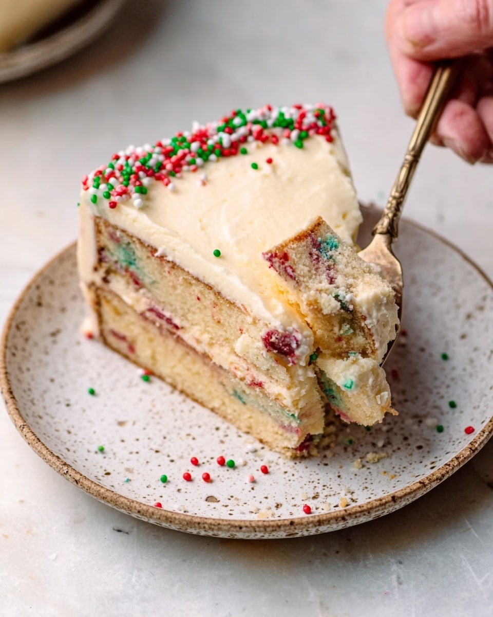 The image shows a slice of birthday cake placed on a white speckled plate set on a white marbled surface. The cake has three visible layers: the bottom layer is a light brown color with colorful sprinkles inside, the middle layer is creamy white frosting, and the top layer is similar to the bottom with sprinkles. The outside of the cake is covered with smooth white frosting, and colorful sprinkles decorate the top edge. A woman's hand is holding a fork with a bite of cake, which has creamy frosting and cake crumbs on it. Photo taken with an iphone --ar 4:5 --v 7