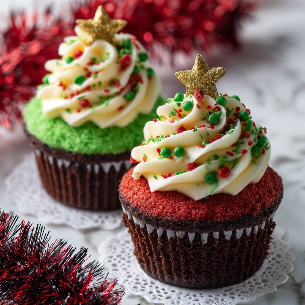 This image shows six cupcakes arranged in a close group on a white doily, which sits on a white marbled surface. Each cupcake has four visible layers in the cake part: a dark brown bottom layer, a light creamy layer above it, then a bright red layer, and topped with a vibrant green layer. On top of each cupcake is a thick swirl of white frosting, decorated with red, green, and gold sprinkles, along with a small golden star-shaped candy on each swirl. In the foreground, there is some red and black shiny tinsel decoration adding a festive feel. photo taken with an iphone --ar 4:5 --v 7