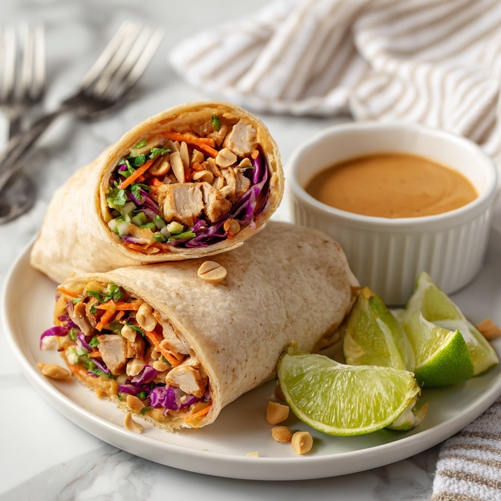 This image shows four wrap halves standing upright on a white plate with a white marbled surface underneath. Each wrap has a soft, light beige tortilla exterior, filled with three main visible layers: the bottom layer of light brown cooked chicken pieces, the middle layer of finely shredded purple cabbage and orange carrot strips mixed with green herbs, and the top layer of crunchy chopped peanuts. Next to the wraps, there is a small white round bowl filled with a smooth, creamy light brown sauce, and beside it are two lime wedges with a fresh green color. The background includes a blurred white and gray striped cloth and silver forks. photo taken with an iphone --ar 4:5 --v 7
