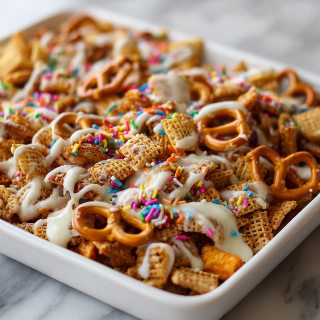 A white tray filled with a layered snack mix featuring crunchy brown cereal pieces, pretzels, and orange-colored cheese crackers. The mix is drizzled generously with white icing in random lines, and colorful rainbow sprinkles are scattered on top. The texture looks crunchy with a mix of rough and smooth surfaces, placed on a white marbled surface. Photo taken with an iphone --ar 4:5 --v 7