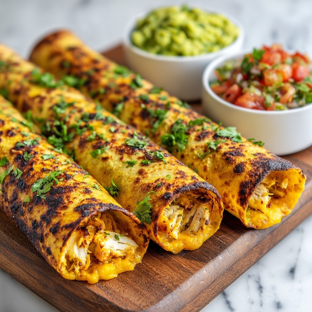 Four rolled tortillas with a golden crispy skin, speckled with dark char marks and sprinkled with fresh green chopped cilantro, are lined up on a wooden board. Each tortilla is stuffed with a creamy orange cheese layer mixed with shredded white chicken visible at the open ends. Behind the tortillas, two small white bowls hold bright green guacamole with chunks of tomato and cilantro. The whole scene is set on a white marbled surface. photo taken with an iphone --ar 4:5 --v 7