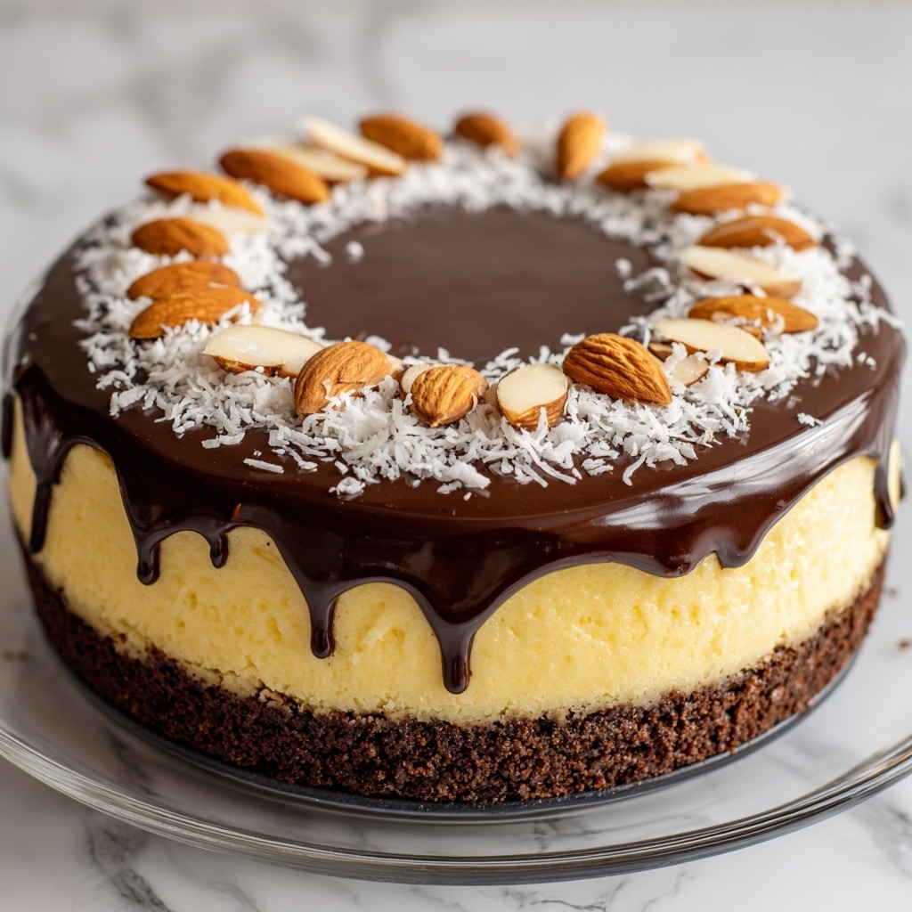 A slice of layered cheesecake is being lifted, showing three clear layers: a dark, crumbly cookie crust at the bottom; a thick, smooth, pale yellow creamy middle layer of cheesecake; and a glossy, dark chocolate layer on top, sprinkled generously with white shredded coconut and thin, light brown almond slices. The cheesecake slice is surrounded by more shredded coconut and almond pieces, all resting on a white marbled surface. photo taken with an iphone --ar 4:5 --v 7