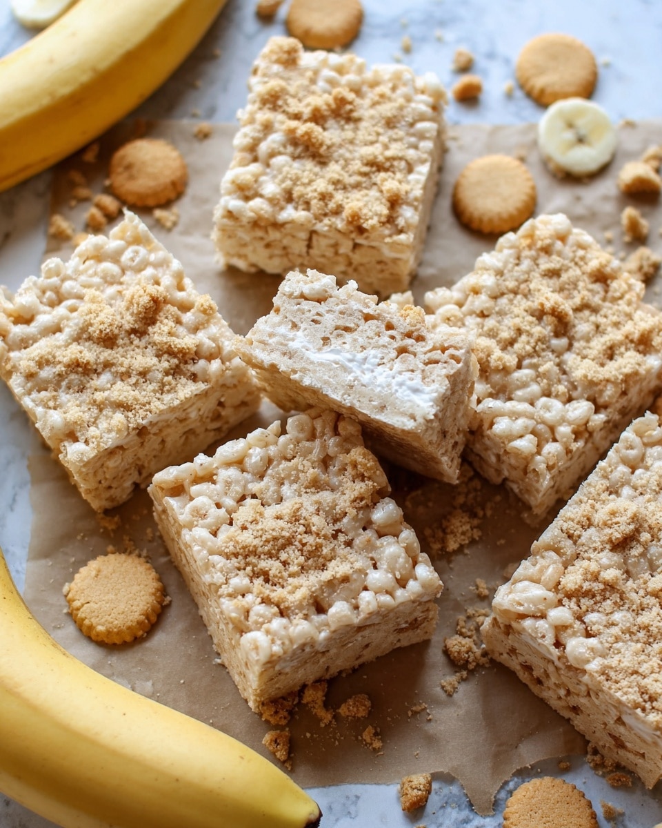 The image shows square-shaped crispy rice treats with a slightly uneven texture, featuring light beige and white puffed rice pieces tightly packed together to form two visible layers. The top layer has small bits of crushed cookies or nuts embedded, adding a speckled light brown detail. These squares rest on crinkled parchment paper placed over a white marbled surface. In the background, there are two yellow bananas, and around the treats, broken pieces of round light brown cookies are scattered, creating a casual, homey feel. Photo taken with an iphone --ar 4:5 --v 7