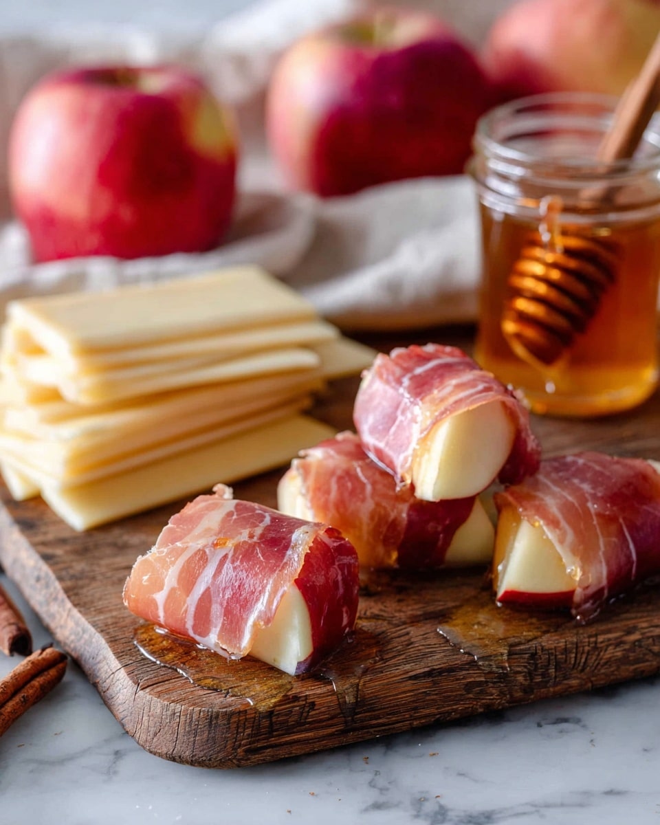 The dish shows a white oval plate filled with several grilled fruit slices, likely peaches, each with dark brown grill marks across their golden yellow surfaces. On top of each grilled peach slice, there is a thin fold of pinkish-brown prosciutto, creating a soft and wrinkled texture. Small pieces of caramelized, light brown topping are scattered on the fruit layers, adding a glossy shine, while tiny green herb leaves sprinkled all over bring a fresh contrast. The fruit slices are arranged in two rows with some syrupy juice pooling at the bottom of the plate, resting on a white marbled surface. Photo taken with an iphone --ar 4:5 --v 7