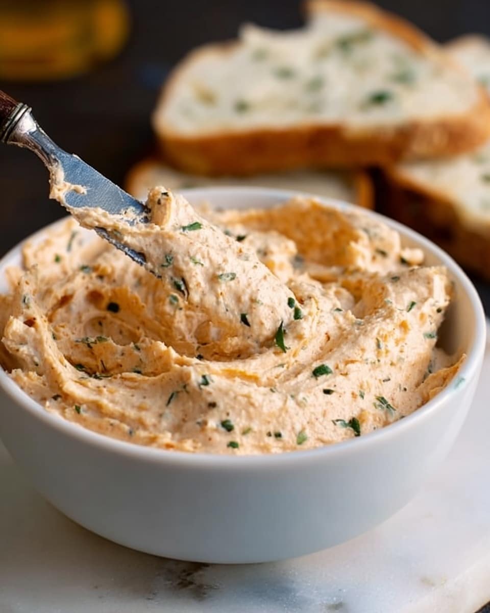 A close-up view shows a round white bowl filled with a thick, creamy spread that has a light beige color mixed with tiny green and brown herb flecks. The spread is textured with a few swirls and soft peaks on top. The bowl sits on a white marbled surface with a wooden texture visible beneath. There is a large knife next to the bowl, smeared with the spread and topped with some herbs. A slice of toasted bread with a layer of the spread topped with green herbs is partially visible at the top left corner. Photo taken with an iphone --ar 4:5 --v 7