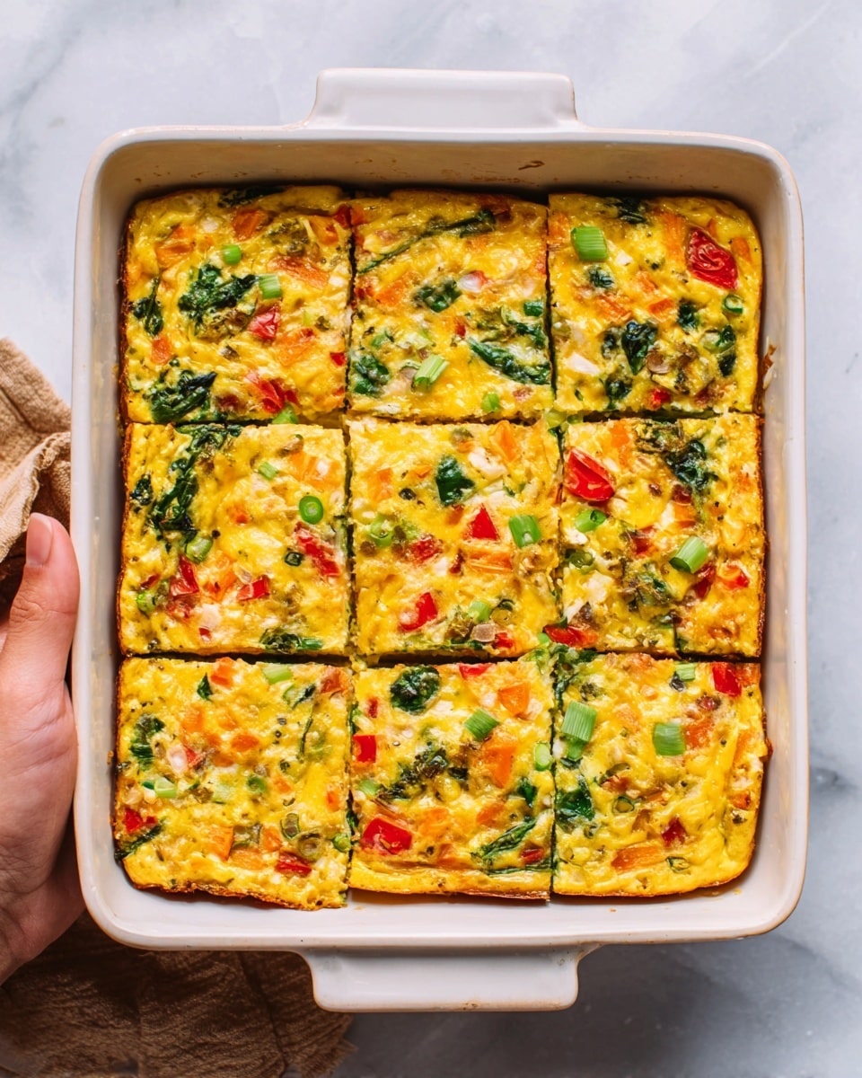 A single square slice of a baked egg casserole sits in the middle of a white plate on a white marbled surface. The casserole has two thick layers: the bottom layer is dense with chunks of cooked vegetables like green spinach, red bell pepper, and some light yellow egg pieces mixed with bits of ham, while the top layer is a golden-brown melted cheese crust with some visible small green vegetable bits peeking through. The edges are slightly browned, showing a deliciously cooked texture. In the blurred background, a metal baking dish with more casserole rests on a wooden board. Photo taken with an iphone --ar 4:5 --v 7