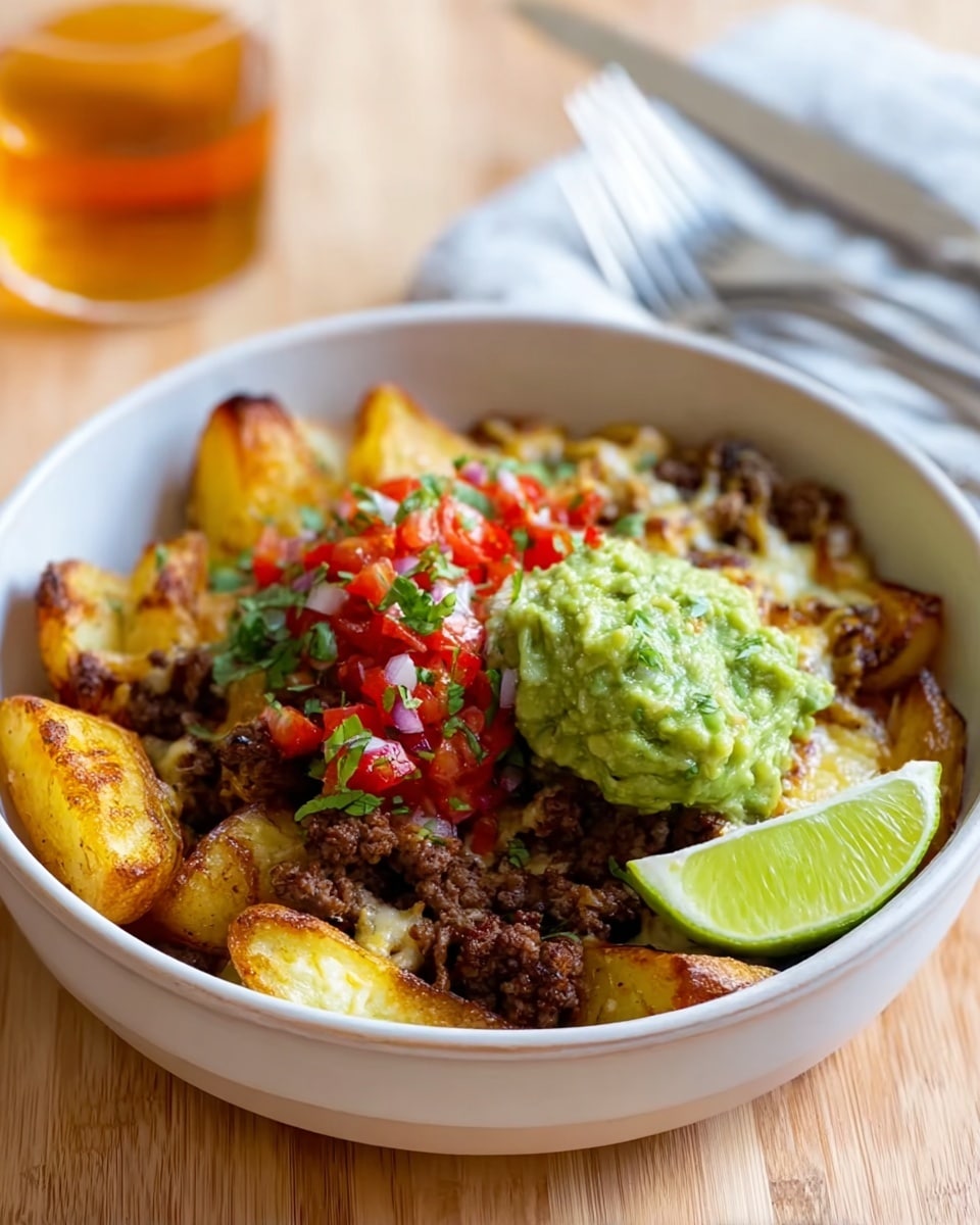 A white bowl is filled with three main layers: the bottom layer consists of golden-brown roasted potato wedges with slightly crispy edges; the middle layer has browned cooked ground beef scattered over the potatoes with melted cheese strings visible; the top layer is fresh and colorful, with a green chunky guacamole mound placed slightly off-center, and vibrant diced red tomatoes mixed with finely chopped onions and green herbs sitting beside the guacamole. A lime wedge rests inside the bowl on the right side. The bowl is placed on a light wooden surface with a folded silver fork and knife next to it, and a blurred amber-colored drink glass in the background. photo taken with an iphone --ar 4:5 --v 7