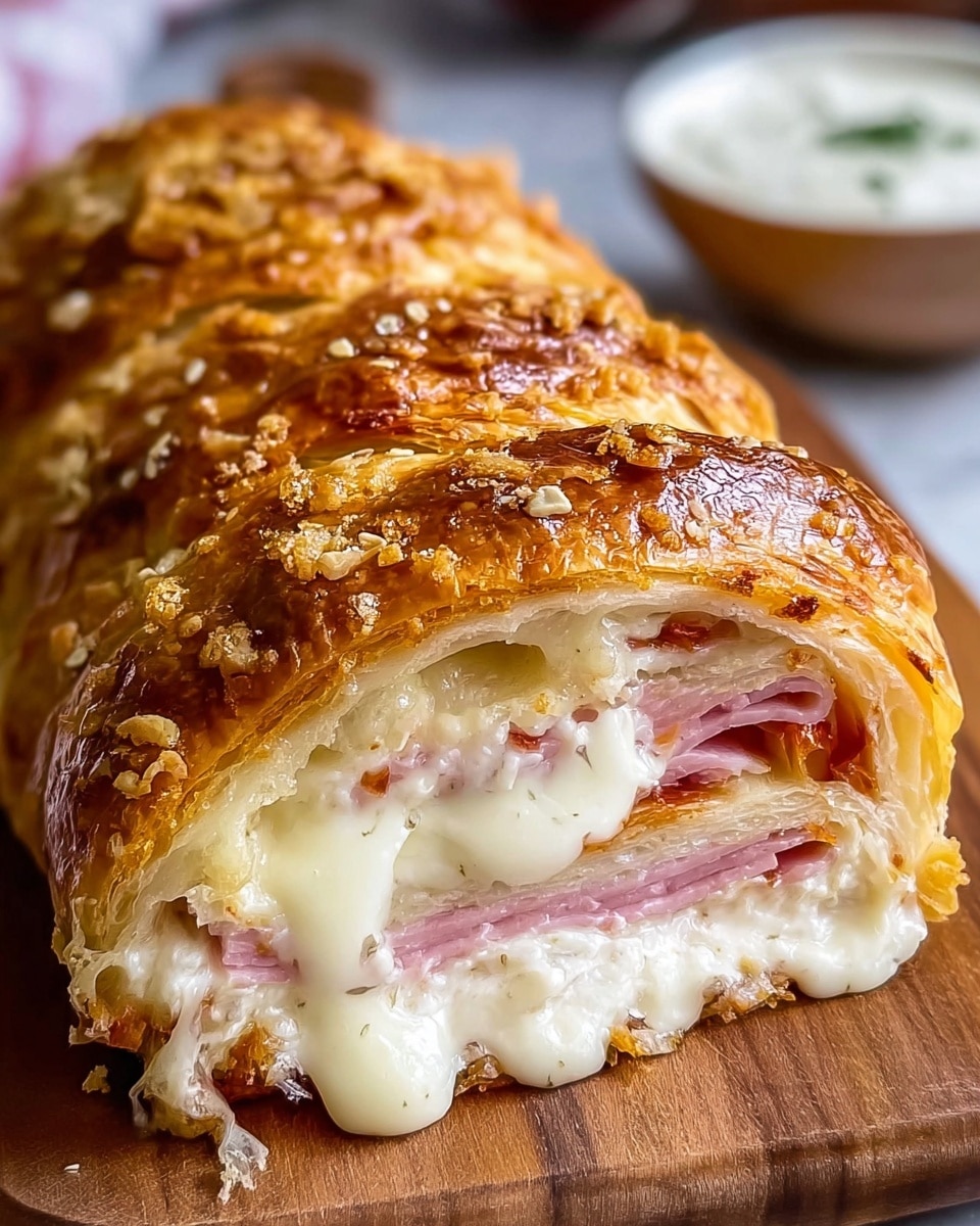 The image shows a loaf of baked bread cut into thick slices, placed on a wooden board over a white marbled surface. The bread has a golden-brown crust with melted cheese browned on top, sprinkled with small green herbs. Each slice reveals layers inside: a soft white bread layer on the outside, followed by a creamy white melted cheese layer stretching out, and pieces of pink ham embedded within the cheese. A woman's hand is pulling one slice away, stretching the gooey cheese. In the background, there is a white cup that is slightly blurred. Photo taken with an iphone --ar 4:5 --v 7