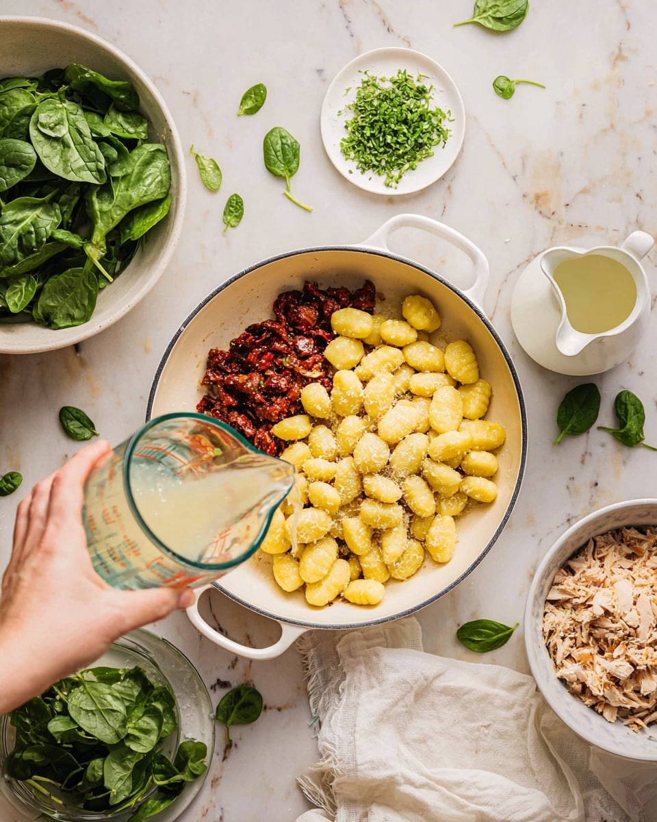 The image shows a white bowl filled with creamy orange gnocchi pasta that is covered in a thick sauce. The gnocchi pieces are soft and round, coated evenly with a sauce that has bits of green leafy herbs and small pieces of red sun-dried tomatoes. There are some white shavings of cheese sprinkled on top, adding texture. A fork is placed inside the bowl, lifting some gnocchi. The bowl is set on a white cloth on a white marbled surface, with another similar bowl in the upper right corner partially visible. A small glass bowl with grated cheese is in the top left background. photo taken with an iphone --ar 4:5 --v 7