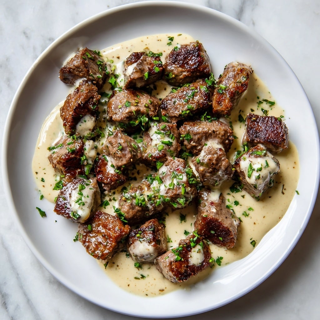 The image shows a white plate filled with bite-sized pieces of cooked meat, each piece browned and lightly seared on the edges. On top of the meat, there is a creamy light beige sauce drizzled unevenly, adding a smooth texture. Small bits of green herbs are sprinkled over the meat and sauce, providing a bright contrast of color. The plate is placed on a white marbled surface. Photo taken with an iphone --ar 4:5 --v 7