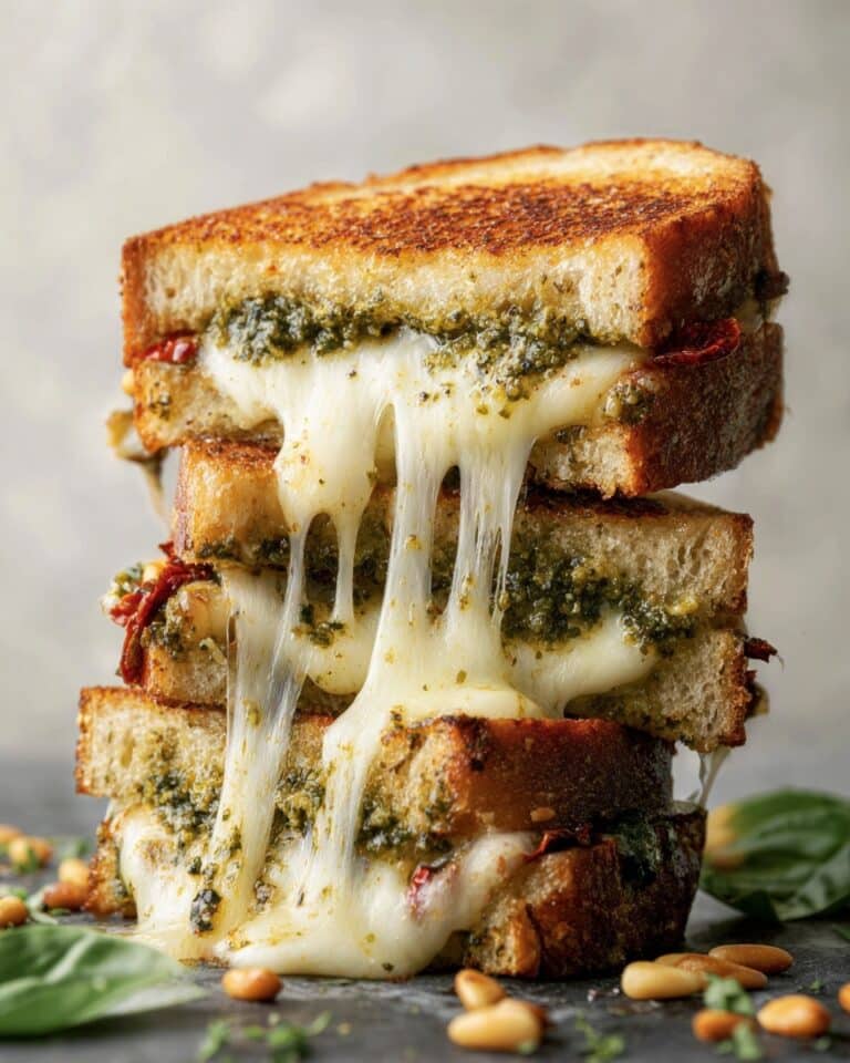 Sourdough Pesto Grilled Cheese with Sun-Dried Tomatoes, Bacon, and Mozzarella Recipe