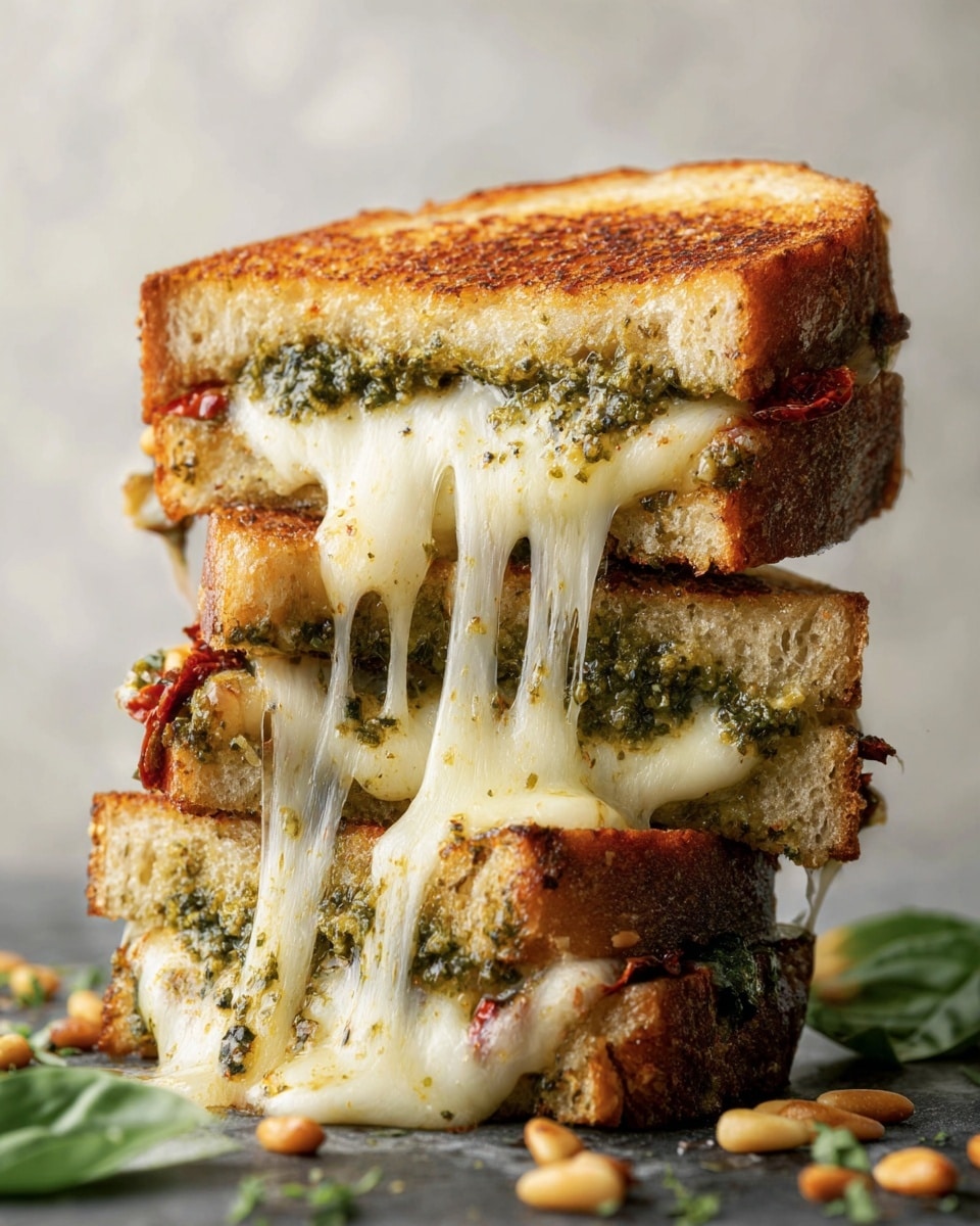 A close-up of a toasted sandwich held above a bowl of creamy orange tomato soup on a white marbled surface; the sandwich has two slices of crispy golden-brown bread with melted white cheese stretching out and bright green pesto sauce mixed with small pieces of sun-dried tomato inside; a drip of melted cheese and pesto falls from the sandwich into the soup, creating ripples, with some green pesto floating on the smooth soup surface; the bowl is plain white, round, and simple, showing a warm and inviting feeling. photo taken with an iphone --ar 4:5 --v 7