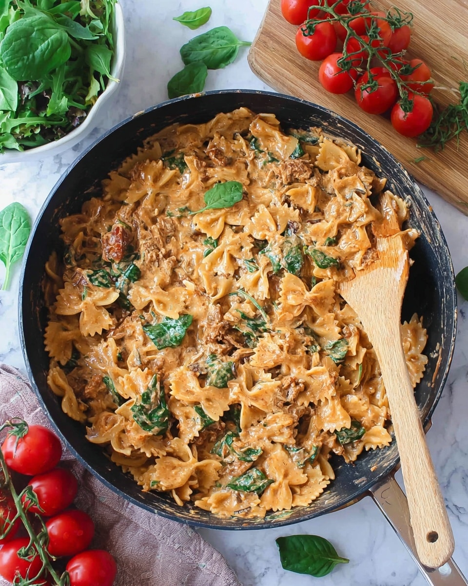 A large black pan filled with creamy farfalle pasta mixed with bits of green spinach and browned pieces of meat, all coated in a light orange sauce. A wooden spoon rests inside the pan on the right side. Around the pan on a white marbled surface, there are bright red vine tomatoes on a wooden cutting board, fresh green spinach leaves scattered, and a white bowl containing mixed salad greens. Photo taken with an iphone --ar 4:5 --v 7