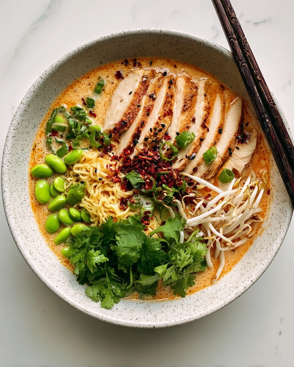 A bowl of ramen with three main layers is shown. The bottom layer is a bed of white curly noodles. On top of the noodles, there are bright green sliced scallions and red sun-dried tomatoes scattered, adding color and texture. The top layer consists of light brown slices of grilled chicken breast with black and white sesame seeds on them. A pair of dark wooden chopsticks held by a woman's hand lifts some noodles from the bowl. The bowl itself is off-white with a rustic brown edge, and the whole scene is set against a white marbled surface. photo taken with an iphone --ar 4:5 --v 7