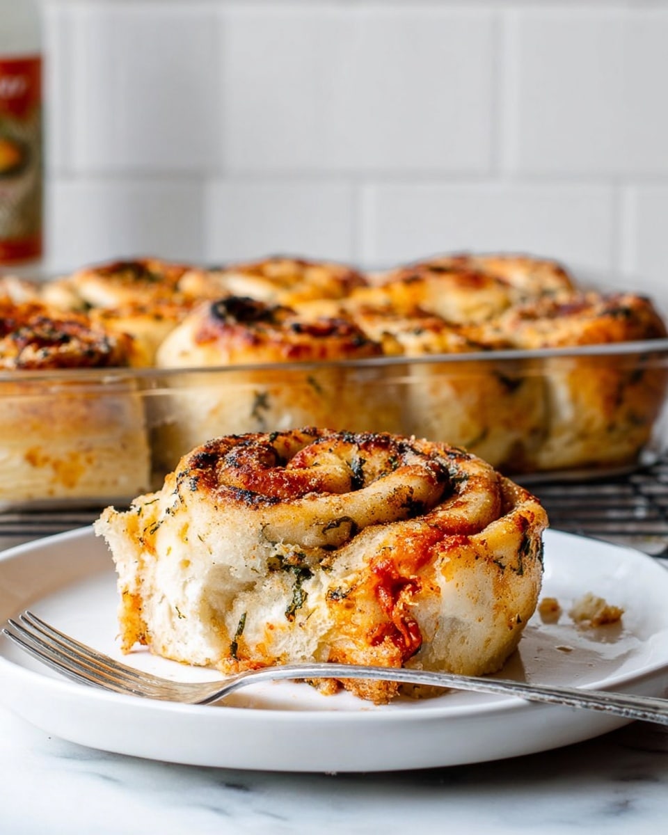 A close-up of a baked spiral roll on a white plate, showing two layers with a golden-brown crust on top and a soft, slightly torn bottom layer. The roll has a light dusting of flour and visible green herbs and red sauce swirled inside. The texture is fluffy with some crispy spots on the edges. Behind the plate, there is a clear baking dish filled with similar rolls, showing more golden-brown tops. A fork rests on the white plate next to the roll. The whole scene is set on a white marbled surface with a blurred white wall in the background. Photo taken with an iphone --ar 4:5 --v 7