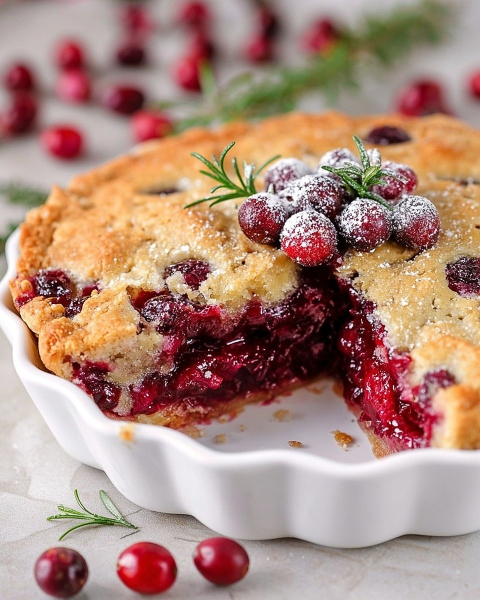 The image shows a two-layer round pie in a white scalloped dish placed on a white marbled surface; the top layer is a golden-brown crust with a slightly rough texture and visible whole cranberries embedded throughout, while the cut section reveals a thick, juicy, deep red cranberry filling underneath with a chunky texture; the pie is garnished in the center with fresh cranberries dusted with sugar and sprigs of green rosemary, and loose cranberries are scattered around the dish. photo taken with an iphone --ar 4:5 --v 7