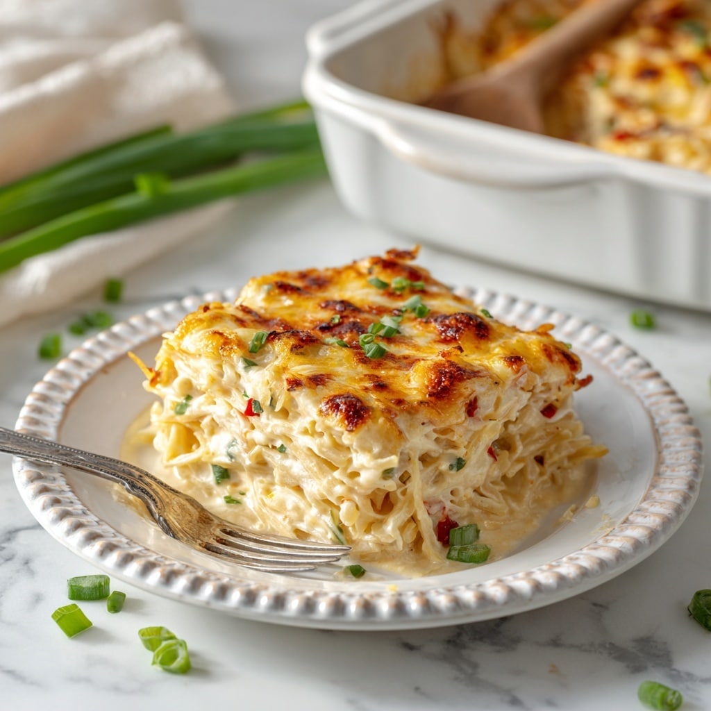 A square-shaped serving of a creamy casserole is placed in the center of a white plate with a beaded edge, topped with a layer of melted golden-brown cheese, speckled with light brown crispy spots. Below the cheese, layers of shredded white chicken, pale yellow noodles, and small green onion slices are visible, mixed with bits of red pepper. The casserole looks moist with a slightly creamy sauce pooling at the base. A silver fork rests on the left side of the plate. The plate is set on a white marbled surface with scattered green onion pieces around it. In the background, a white casserole dish with more of the same dish and a wooden spoon is softly out of focus. photo taken with an iphone --ar 4:5 --v 7