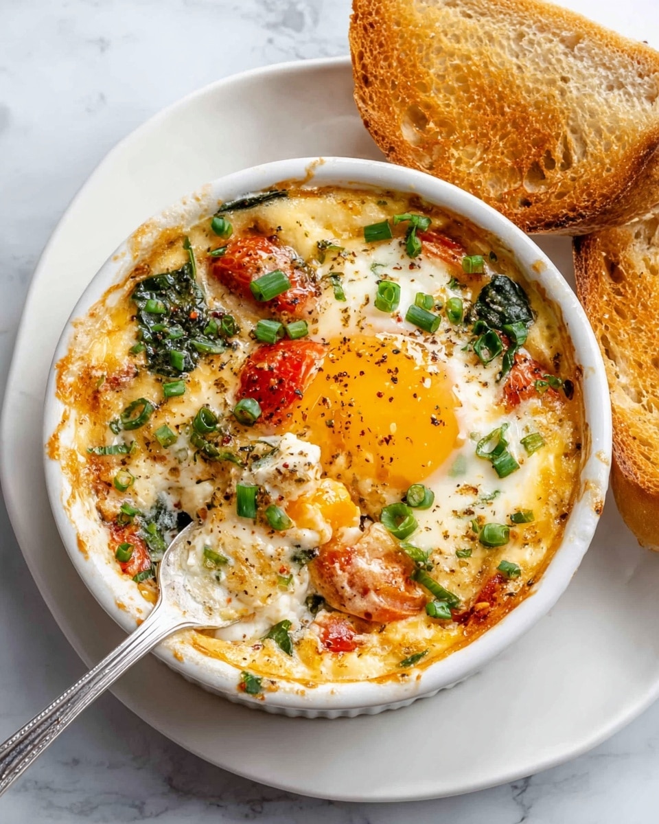 The dish is a baked egg dish in a white round ceramic dish placed on a white plate over a white marbled texture. The dish has a bright yellow-orange baked egg yolk in the center with white cooked egg whites spreading around it. There are bits of red cherry tomatoes and small pieces of green spinach leaves scattered in the egg mixture. The top is sprinkled with chopped green onions and black pepper flakes. A fork is scooping a portion from the dish, showing creamy, soft textures with chunks of green leaves and red tomato. Two pieces of toasted golden-brown bread rolls sit on the plate beside the dish. Photo taken with an iphone --ar 4:5 --v 7