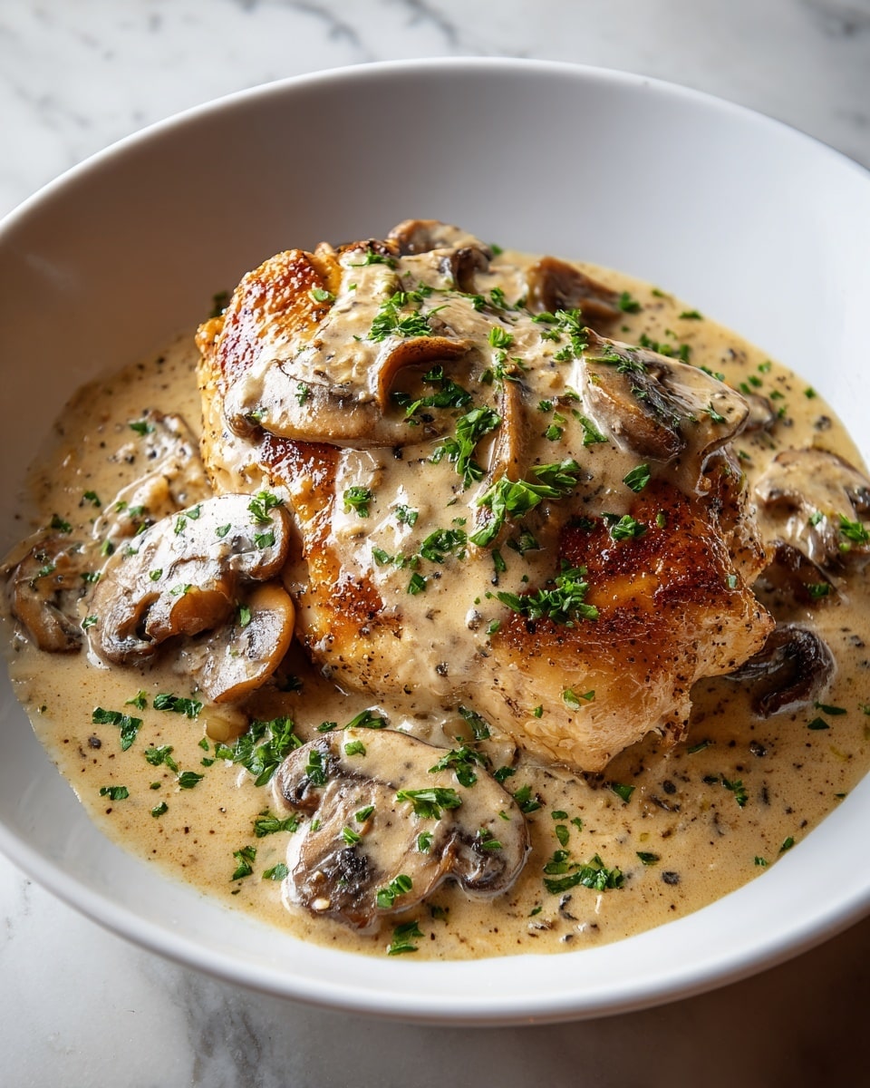 This image shows a dish with one main piece of golden brown roasted chicken placed in the center of a white bowl. The chicken is covered with creamy light beige mushroom sauce that has visible black pepper and small bits of herbs. Around and on top of the chicken, there are several slices of cooked mushrooms with a soft, slightly shiny texture. The dish is sprinkled with chopped fresh green herbs on top of the sauce and chicken, adding a bright touch of color. The bowl is placed on a white marbled surface, giving the scene a clean and fresh look. photo taken with an iphone --ar 4:5 --v 7