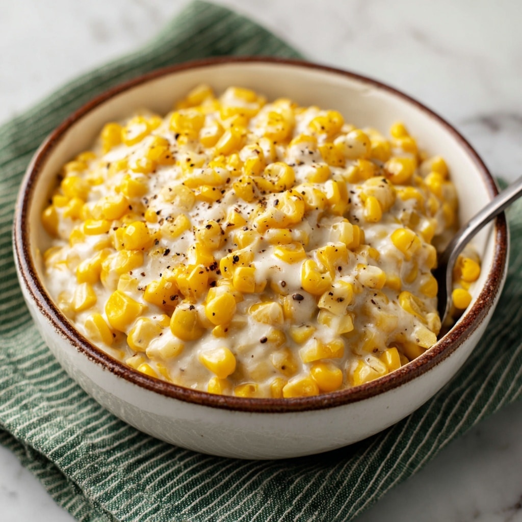 An oval white bowl with a red rim is filled with a creamy yellow corn dish, where the corn kernels form the top layer, glistening with a thick white creamy sauce underneath. A metal spoon rests inside the bowl on the right side, partially covered with the creamy mixture. To the left, a small white plate holds a small scoop of the corn dish. The setup is on a white marbled texture surface, with a glass of water visible above the bowl. A red and white cloth with fringe is partially visible under the bowl. Photo taken with an iphone --ar 4:5 --v 7