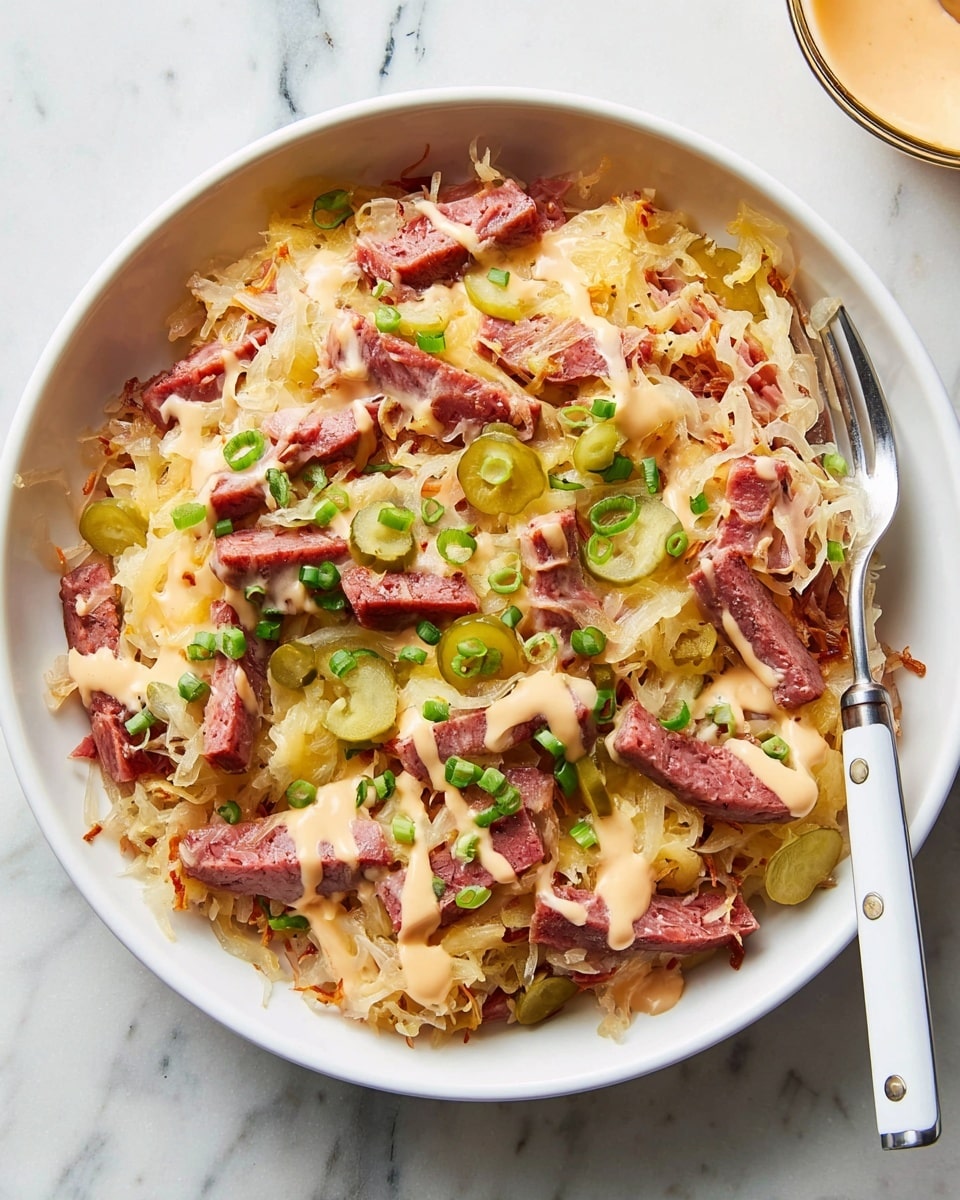 A white bowl filled with a layered dish starting with a base of shredded, pale yellow sauerkraut. On top of this are thick strips of reddish-pink smoked meat, scattered evenly. Melted light yellow cheese covers the meat and sauerkraut, draping the layers softly. Small green round pickle slices and chopped light green scallions are sprinkled on top, adding color contrast. A creamy light orange sauce is drizzled over the entire dish. The bowl sits on a white marbled surface, and a fork with a white handle placed on the right side of the bowl. Photo taken with an iphone --ar 4:5 --v 7